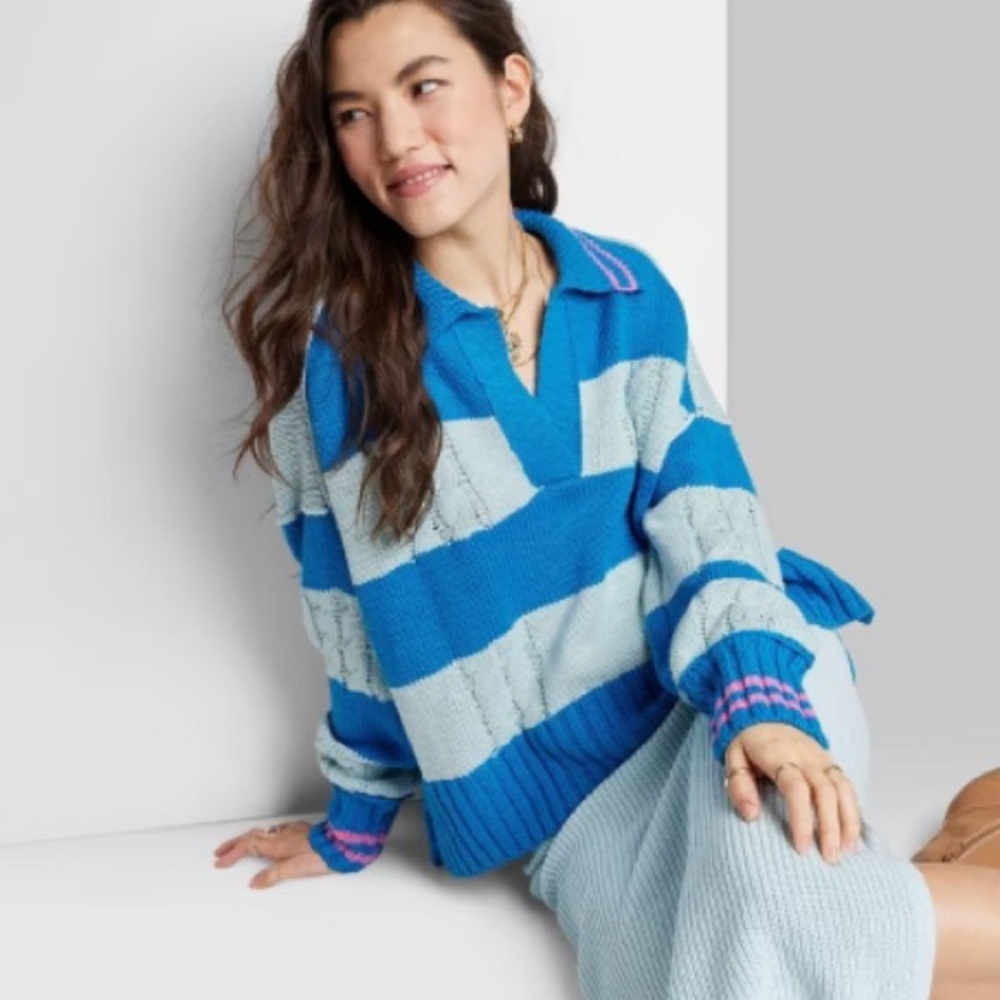 Ascot + Hart Polo Women's Blue Striped Sweater